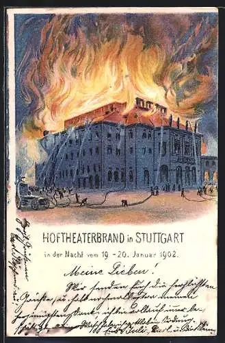Künstler-AK Stuttgart, Brand des Hoftheaters in der Nacht vom 19. - 20.1.1902