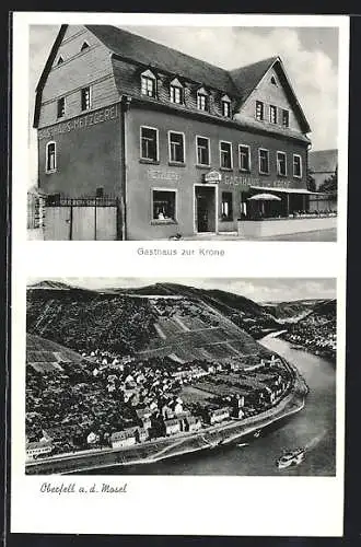 AK Oberfell a. d. Mosel, Gasthaus zur Krone, Ortsansicht aus der Vogelschau