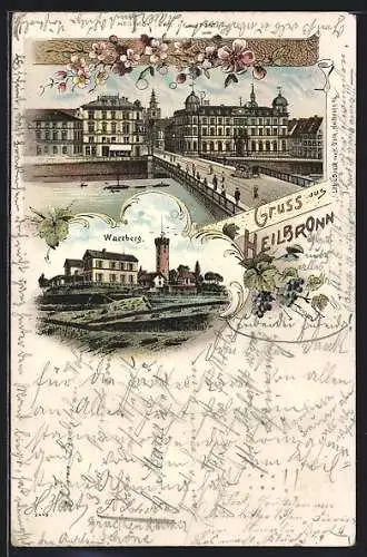 Lithographie Heilbronn, Wartberg, Blick über die Brücke