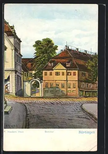 Lithographie Nürtingen, Strassenpartie mit Haubers Haus