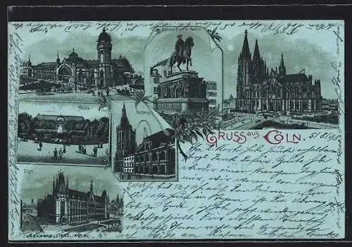 Mondschein-Lithographie Cöln, Bahnhof, Dom, Rathaus