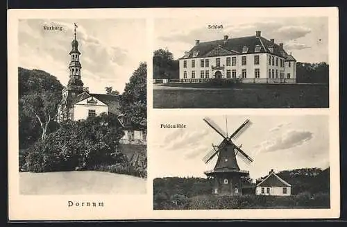 AK Dornum, Peldemühle, Schloss, Vorburg, Windmühle