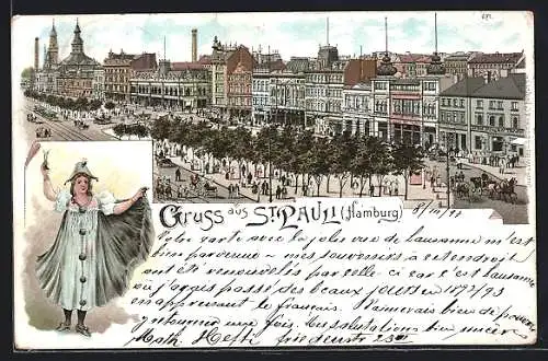 Lithographie Hamburg-St. Pauli, Strassenpartie im Ort