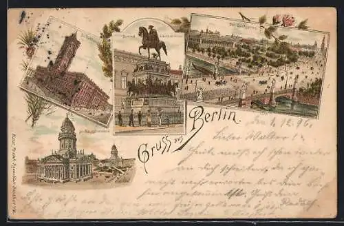 Lithographie Berlin, Rathaus, Gendarmenmarkt, Lustgarten, Denkmal Friedrich des Grossen