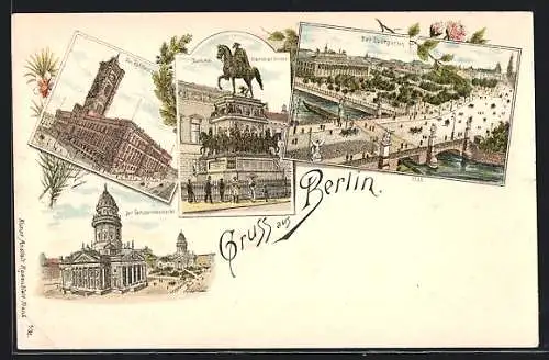 Lithographie Berlin, Rathaus, Gendarmenmarkt, Lustgarten, Denkmal Friedrich des Grossen