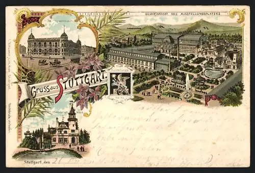 Lithographie Stuttgart, Ausstellungsplatz, Landesgewerbemuseum, Elektrizitäts-Haus