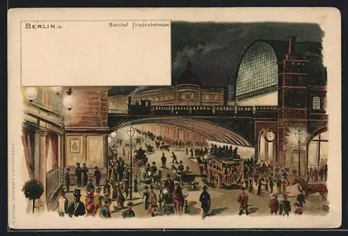 Lithographie Berlin, Bahnhof Friedrichstrasse im Laternenlicht