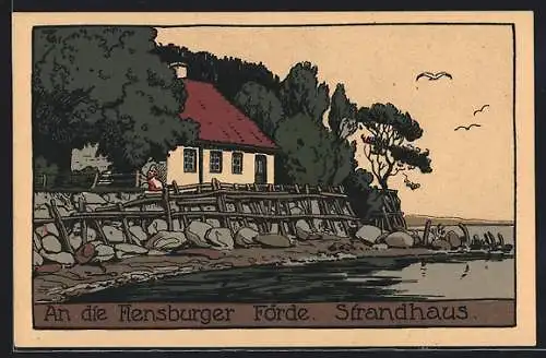 Steindruck-AK Flensburg, Strandhaus an der Förde