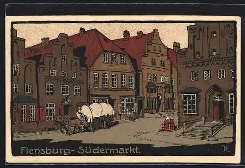 Steindruck-AK Flensburg, Pferdekutsche am Südermarkt