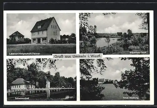 AK Ummeln / OT Bielefeld, Lebensmittelgeschäft Heimer, Blick auf Schwimmbad, Wächters-Teich und neue Siedlung