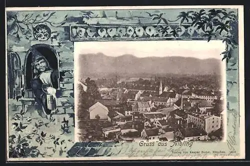 AK Aibling, Teilansicht, Münchner Kindl mit Bierkrug, Passepartout