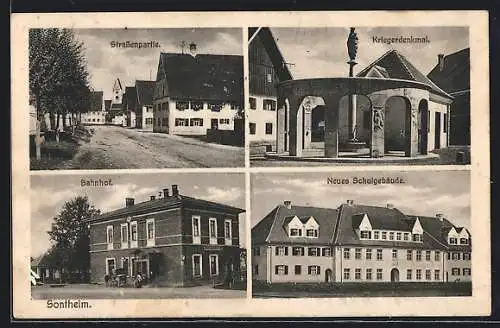 AK Sontheim / Schwaben, Neues Schulgebäude, Bahnhof, Kriegerdenkmal
