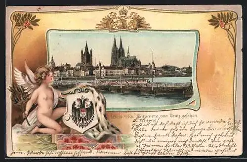 Passepartout-Lithographie Köln a. Rh., Panorama mit Kirche von Deutz gesehen, Engel hält Wappen