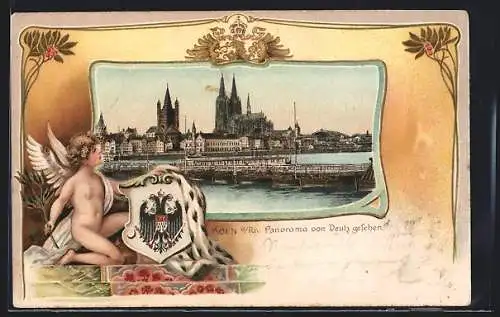 Passepartout-Lithographie Köln a. Rh., Panorama mit Kirche von Deutz gesehen, Engel hält Wappen