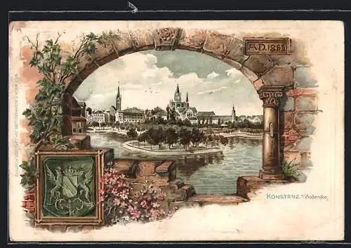 Passepartout-Lithographie Konstanz a. Bodensee, Ortspartie mit Gewässer, 1855, Wappen