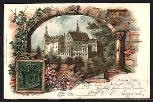 Passepartout-Lithographie Heiligenberg, Schloss, Ansicht durch einen Bogen, Wappen