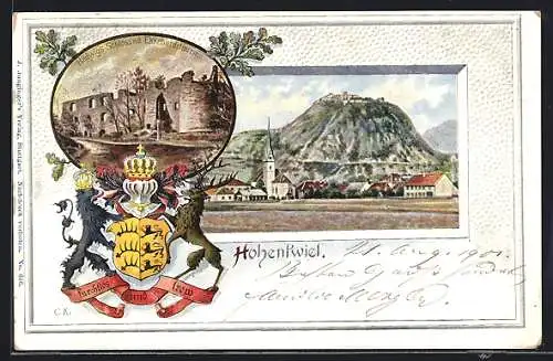 Passepartout-Lithographie Hohentwiel, Hadwigs Schloss mit Ekkehardsturm, Panorama, Wappen