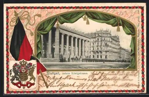 Passepartout-Lithographie Stuttgart, Untere Königstrasse mit Soldatenparade, Wappen