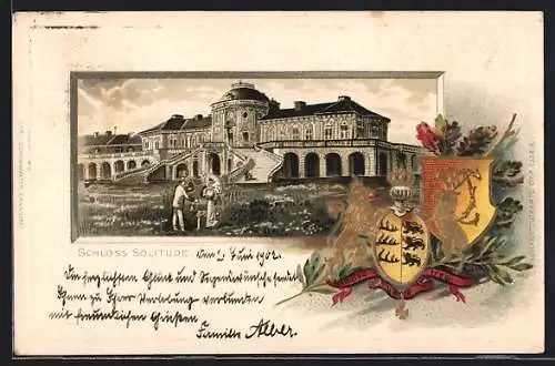 Passepartout-Lithographie Stuttgart, Blick zum Schloss Solitude, Wappen