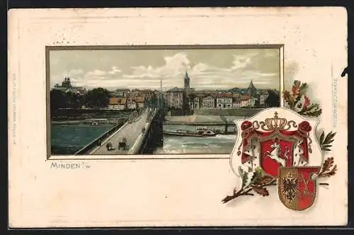 Passepartout-Lithographie Minden i. W., Teilansicht mit Brücke und Wappen
