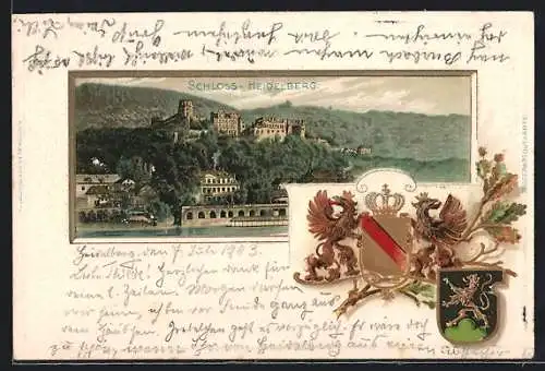 Passepartout-Lithographie Heidelberg, Schloss mit Wappen