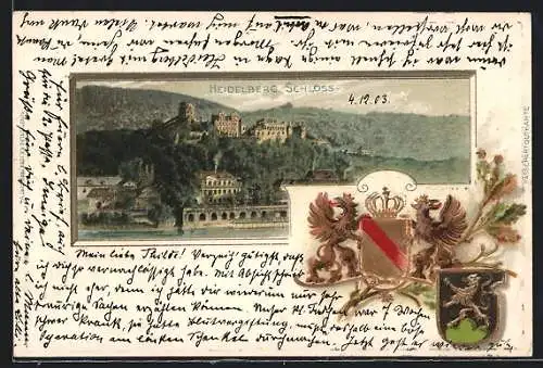 Passepartout-Lithographie Heidelberg, Schloss mit Wappen