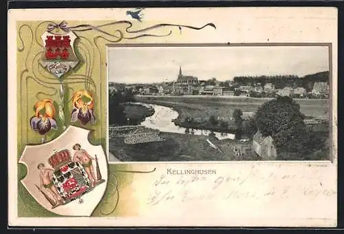 Passepartout-Lithographie Kellinghusen, Teilansicht mit Kirche, Wappen