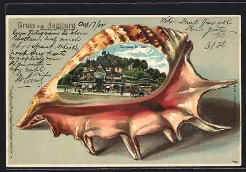 Passepartout-Lithographie Hamburg-St.Pauli, Fährhaus St. Pauli in einer Muschel