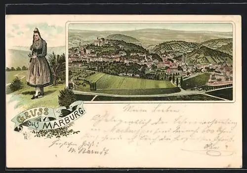 Lithographie Marburg, Panoramaansicht, Marburgerin in Tracht