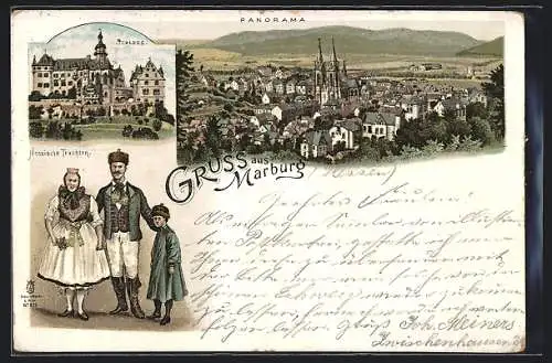 Lithographie Marburg, Panorama, Schloss, Hessische Trachten