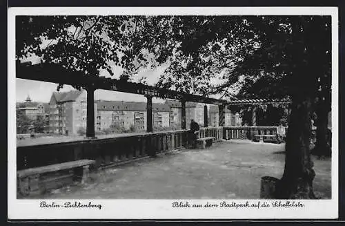 AK Berlin-Lichtenberg, Blick aus dem Stadtpark auf die Scheffelstrasse