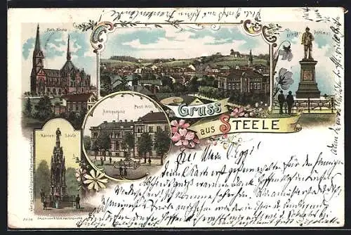 Lithographie Steele, Amtsgericht und Post-Amt, Katholische Kirche, Krieger-Denkmal