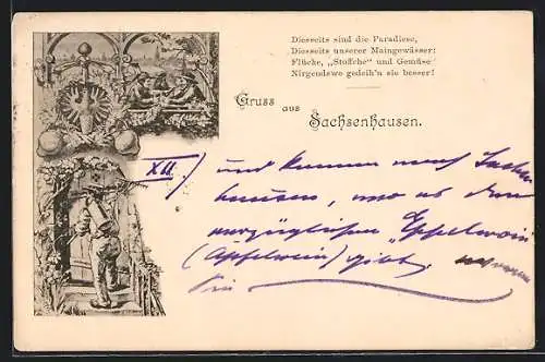 Lithographie Sachsenhausen, Männer am Biertisch, Bauer mit Rechen