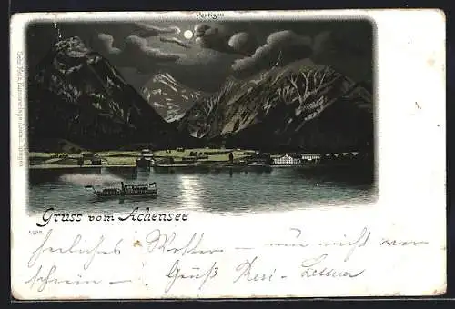 Lithographie Pertisau, Dampfer auf dem Achensee