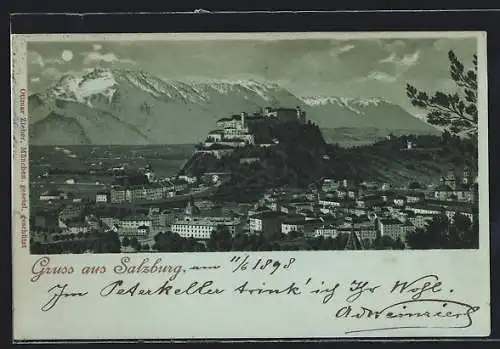 Mondschein-Lithographie Salzburg, Panoramablick auf Stadt und Gebirge