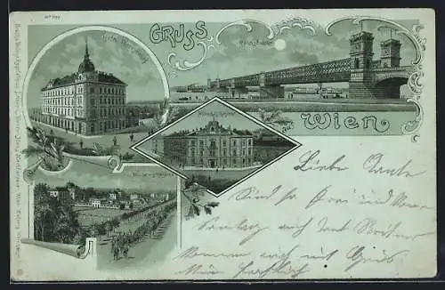 Mondschein-Lithographie Wien, Hotel Theresienhof, Reichsbrücke, Albrechts-Kaserne