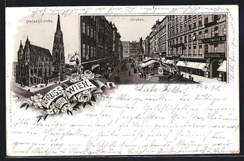 Lithographie Wien, Stefanskirche, Strassenpartie am Graben