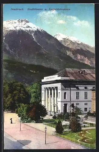 AK Innsbruck, Stadttheater u. Leopoldsbrunnen, Denkmal