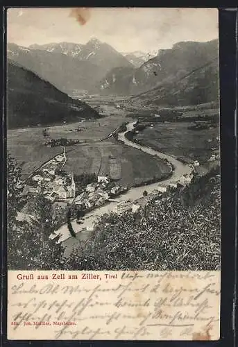 AK Zell am Ziller, Ortsansicht mit Bergpanorama
