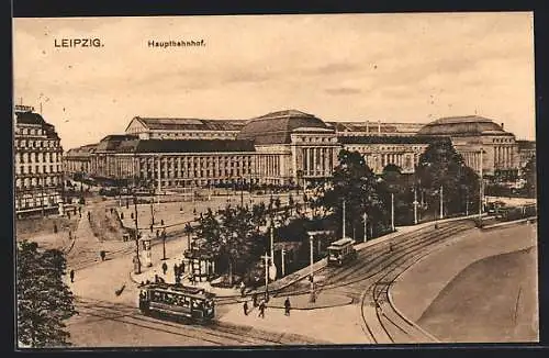 AK Leipzig, Hauptbahnhof mit Strassenbahn