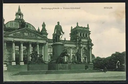 AK Berlin, Reichstagsgebäude und Bismarckdenkmal