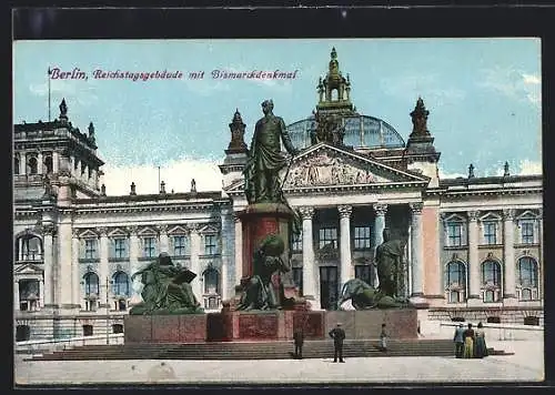 AK Berlin-Tiergarten, Reichstagsgebäude mit Bismarckdenkmal