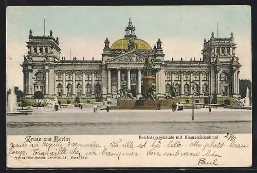 AK Berlin, Reichstagsgebäude mit Bismarckdenkmal