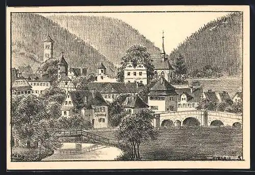 Künstler-AK Hirsau, Ortsansicht mit Flusspartie
