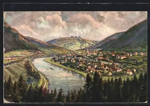 Künstler-AK Neckargemünd, Blick auf die Stadt und den Dilsberg