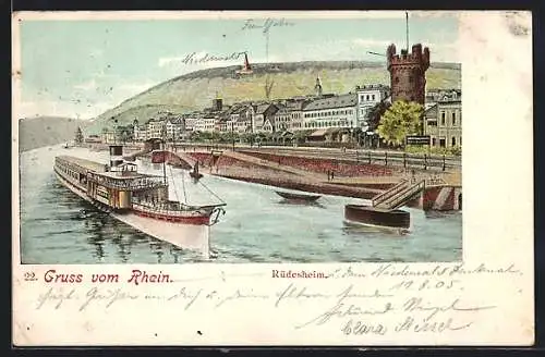 Lithographie Rüdesheim am Rhein, Dampfer an der Anlegestelle