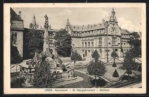 AK Trier, Kornmarkt, St. Georgsbrunnen & Rathaus