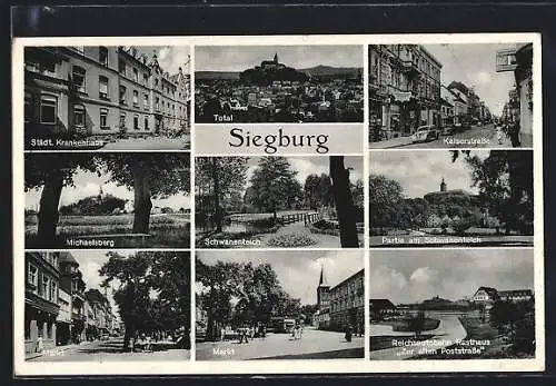 AK Siegburg, Krankenhaus, Rasthaus zur alten Poststrasse, Kaiserstrasse, Marktpartien