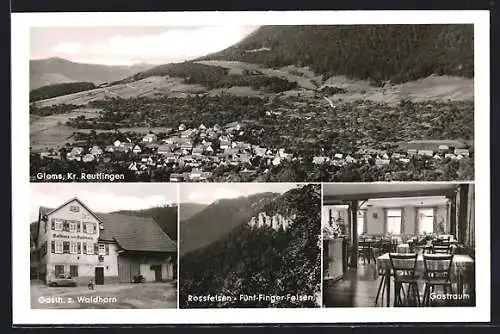 AK Glems /Kr. Reutlingen, Gasthaus zum Waldhorn Fam. Harter, Ortsansicht, Fünf-Finger-Felsen