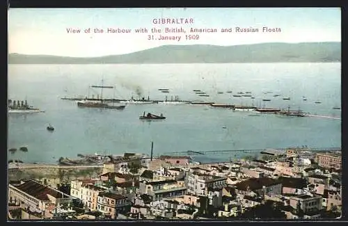 AK Gibraltar, View of the Harbour with the British, American and Russian Fleets 1909